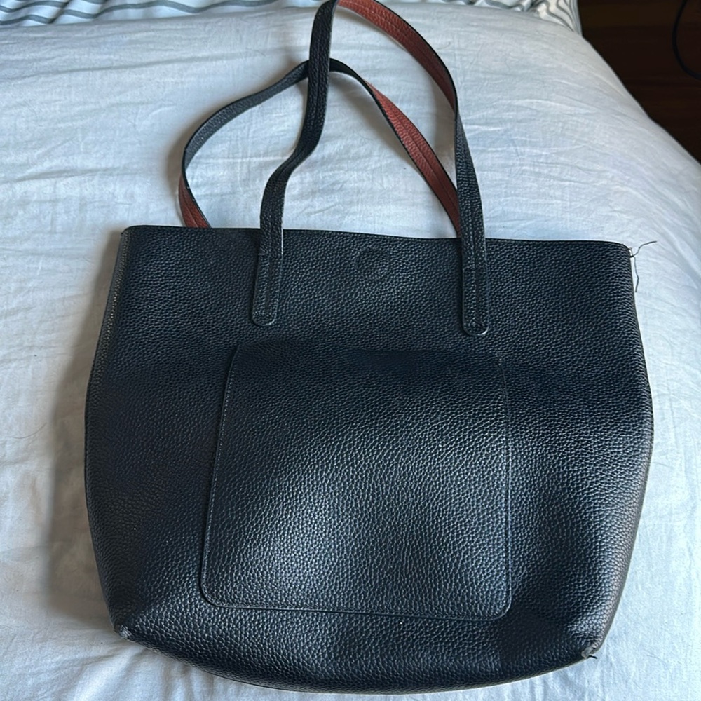 Black Faux Leather Pebbled Tote Bag Large 16x13.5 Work School Laptop Handbag
